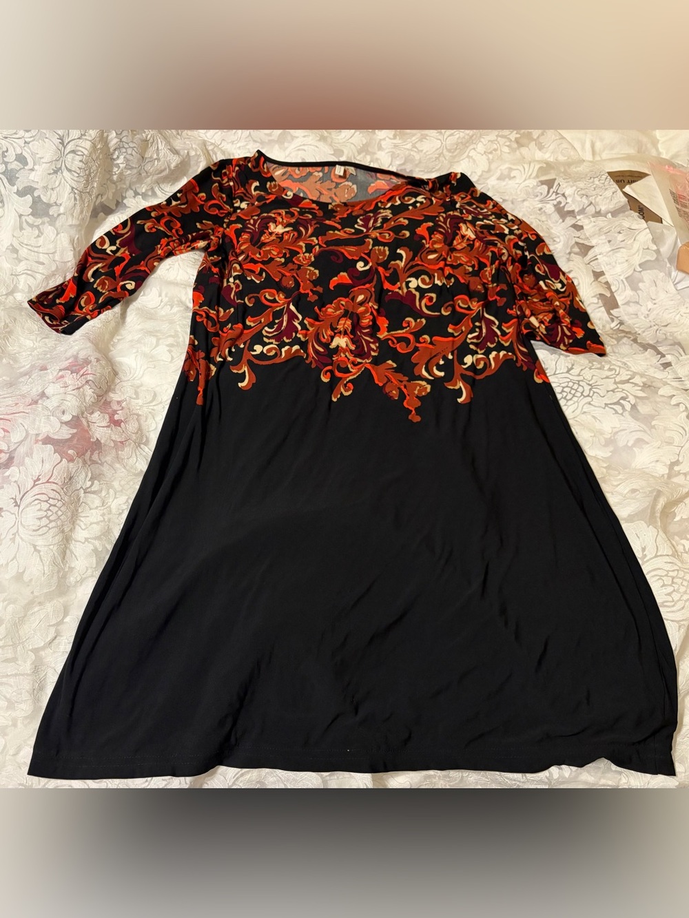 Madison Black Long Sleeve Dress with Red Burgundy & Orange Scroll Print